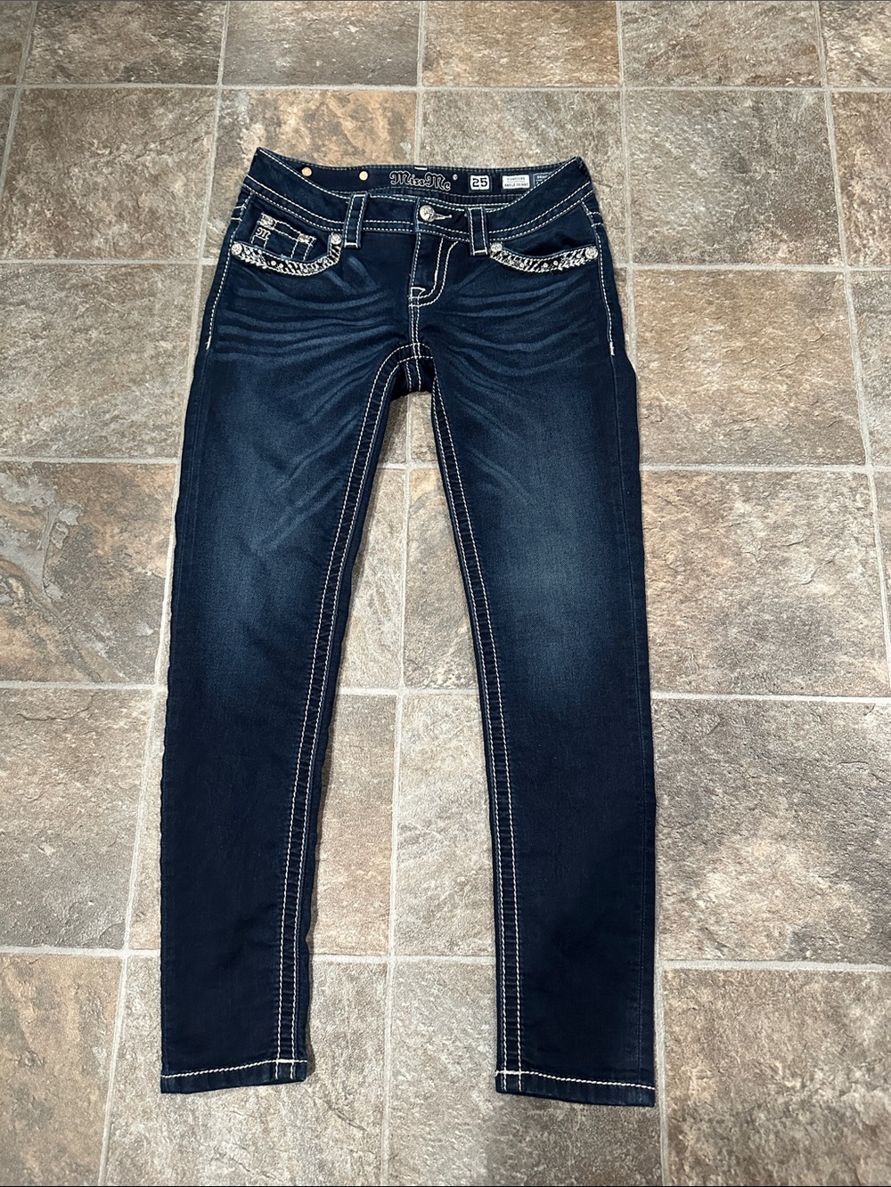 Miss Me Indigo Skinny Jeans with White Contrast Stitching
